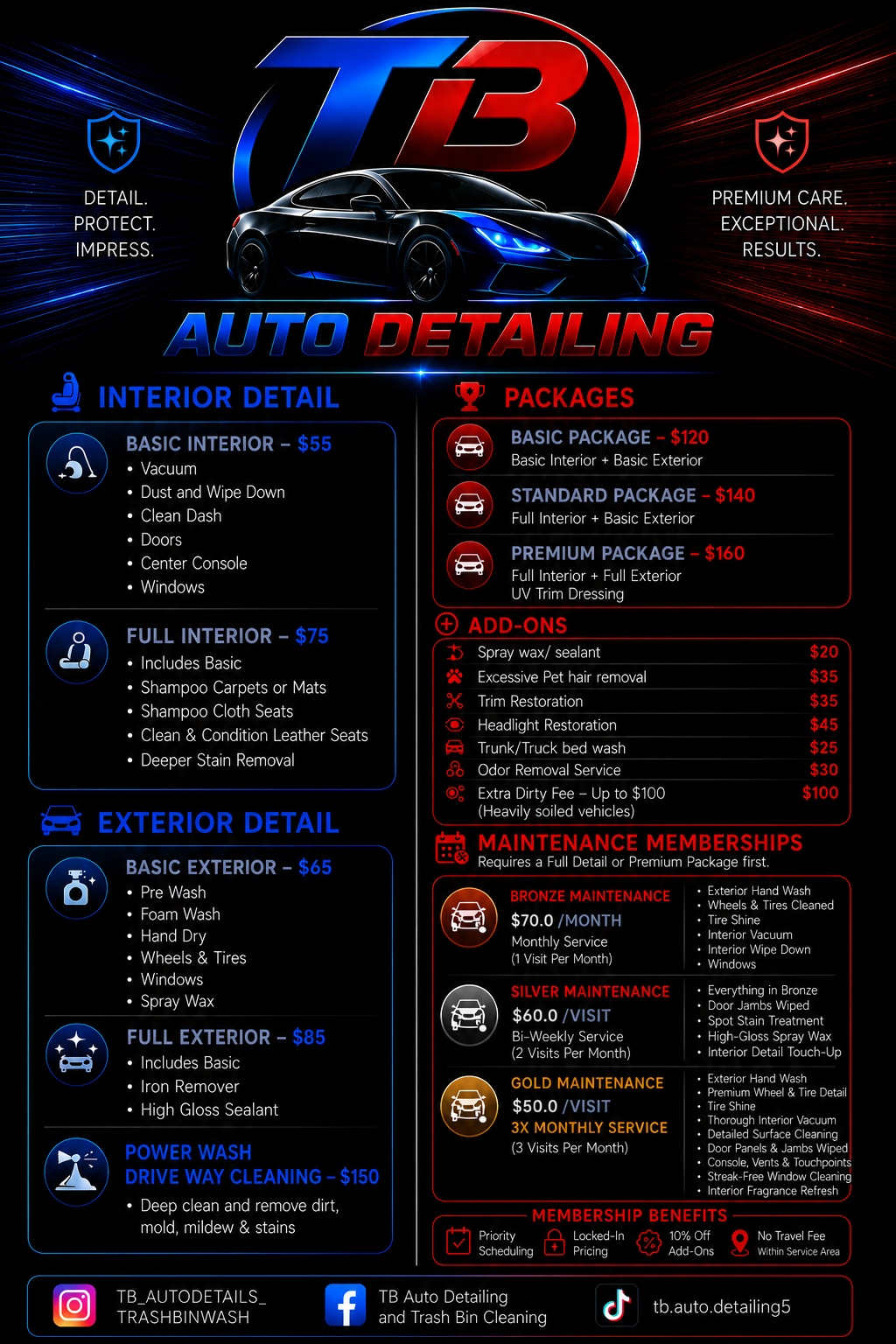 TB Auto Detailing service price list