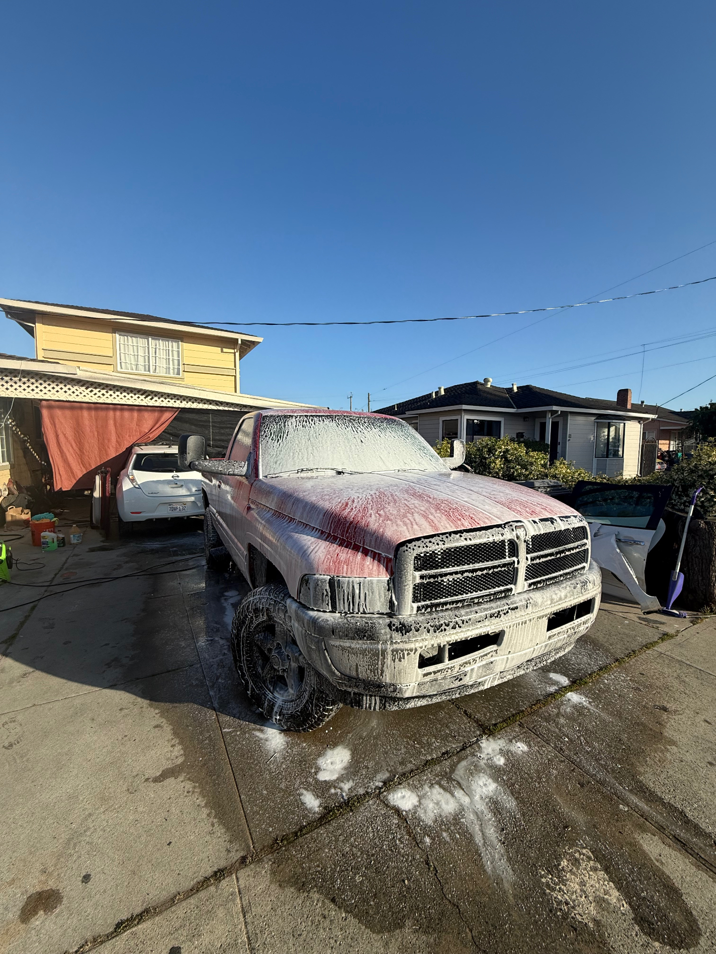 Dodge Ram 3500 covered in foam soap