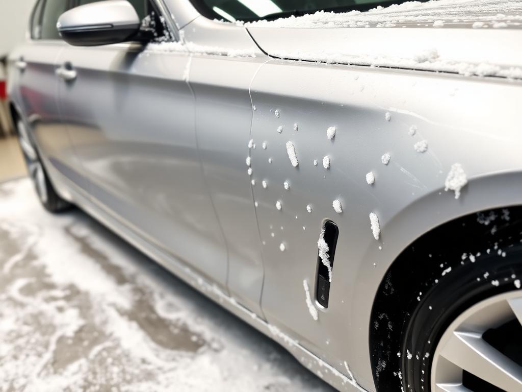 Silver sedan with foam wash
